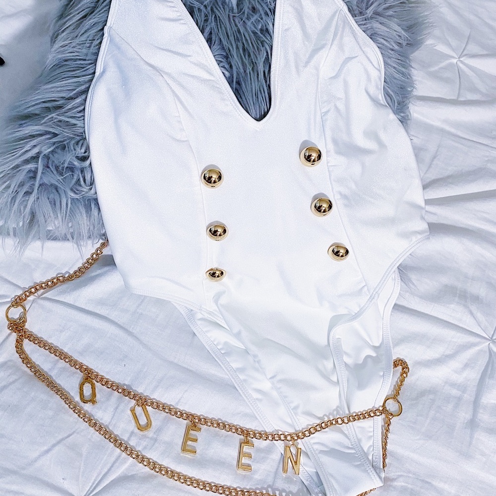 White low cut Bikini with Gold button detail.